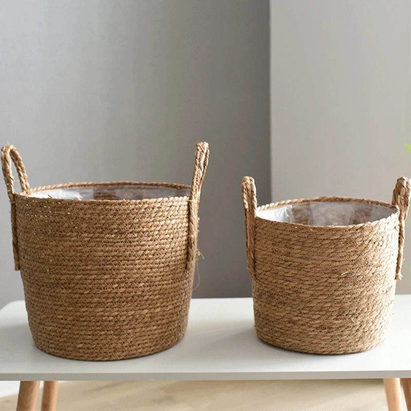 Woven Planter Basket Laundry Storage Decorative Basket Handmade Straw Rattan Plant Flower Pot Storage Basket Home Garden Decor