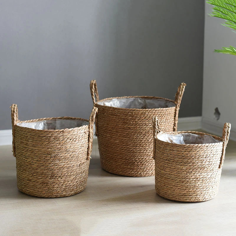 Woven Planter Basket Laundry Storage Decorative Basket Handmade Straw Rattan Plant Flower Pot Storage Basket Home Garden Decor