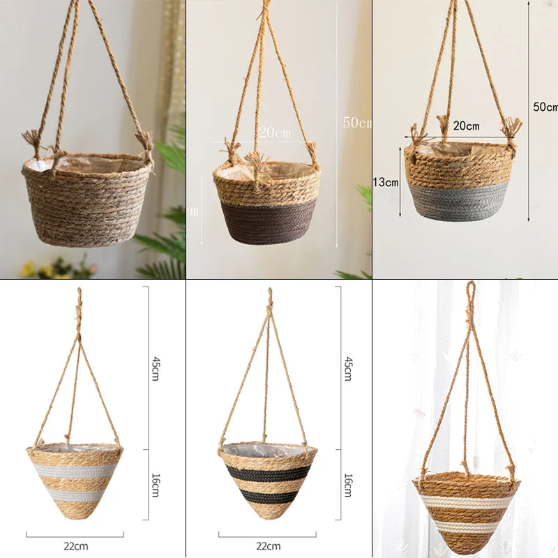 Rattan Woven Hanging Basket Flower Pot Handmade Straw Woven Plant Hangers Home Garden Decor Hanging Planter Flowerpot