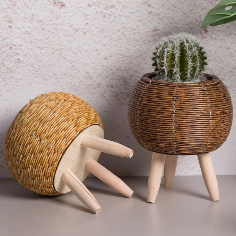 Boho Flower Shelf Basket with Removable Legs Imitation Rattan Flower Stand Succulent Plant Woven Planter Garden Flower Pot