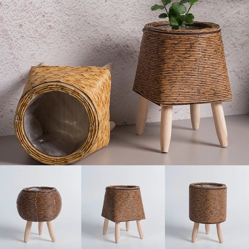 New Vintage Planters Imitation Rattan Flower Stand Woven Storage Basket with Wooden Legs Plant Pot Stand Holder Basket Organizer