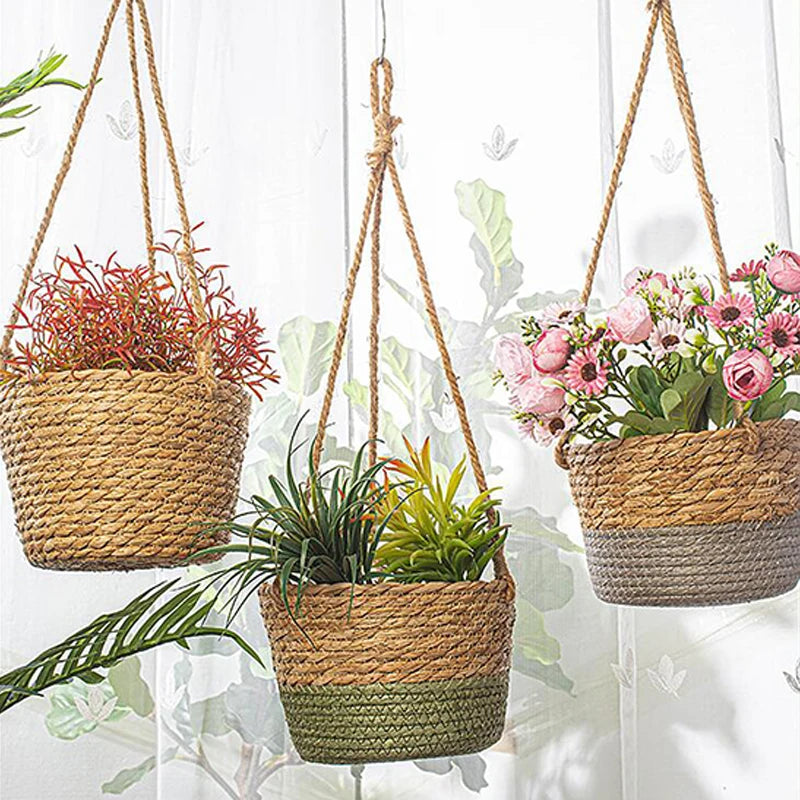 Rattan Woven Hanging Basket Flower Pot Handmade Straw Woven Plant Hangers Home Garden Decor Hanging Planter Flowerpot