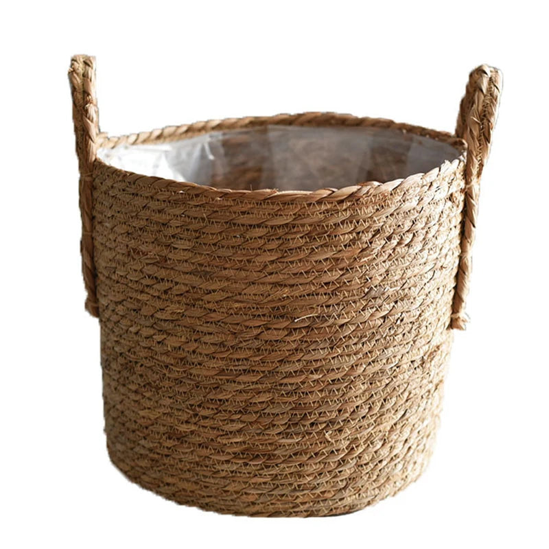 Woven Planter Basket Laundry Storage Decorative Basket Handmade Straw Rattan Plant Flower Pot Storage Basket Home Garden Decor