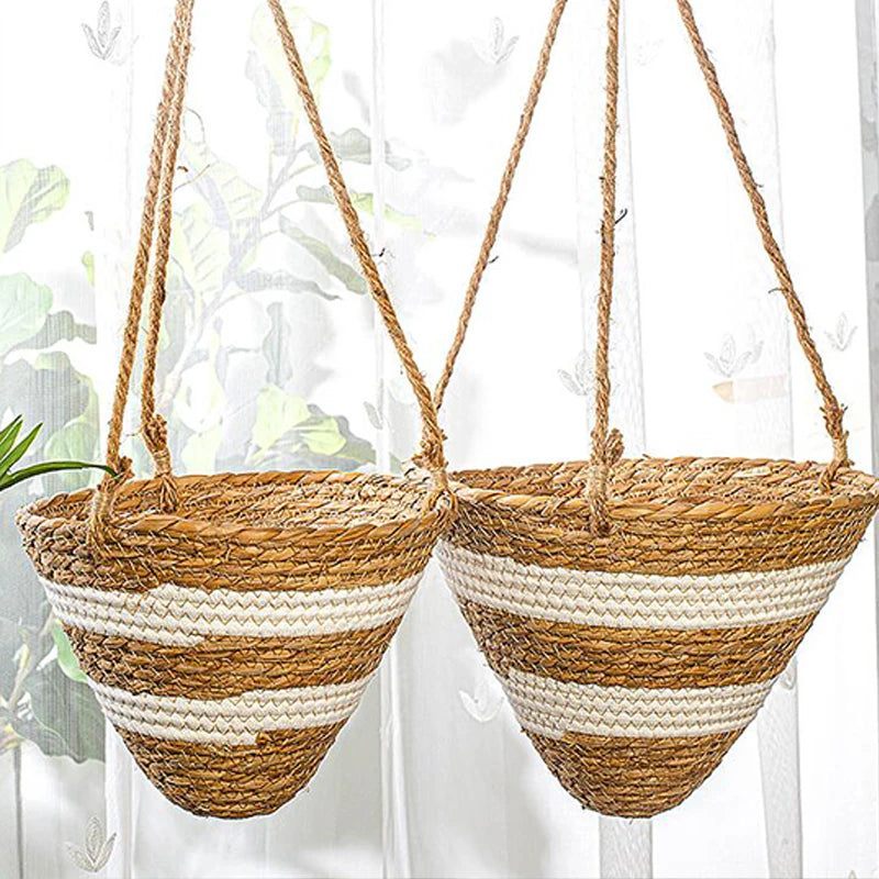 Rattan Woven Hanging Basket Flower Pot Handmade Straw Woven Plant Hangers Home Garden Decor Hanging Planter Flowerpot