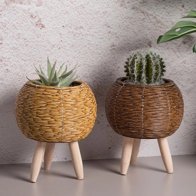 Boho Flower Shelf Basket with Removable Legs Imitation Rattan Flower Stand Succulent Plant Woven Planter Garden Flower Pot