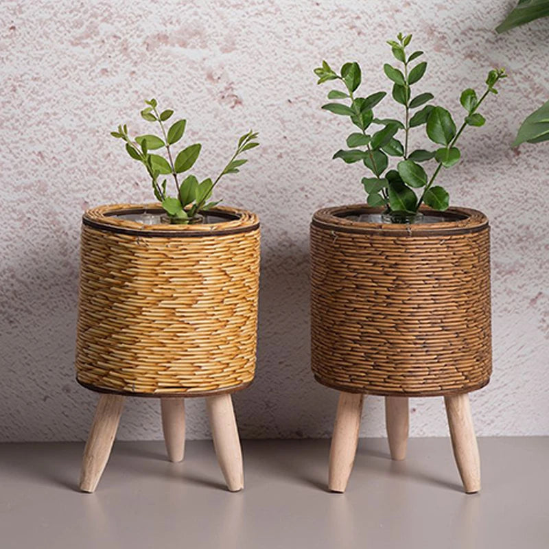 Boho Flower Shelf Basket with Removable Legs Imitation Rattan Flower Stand Succulent Plant Woven Planter Garden Flower Pot