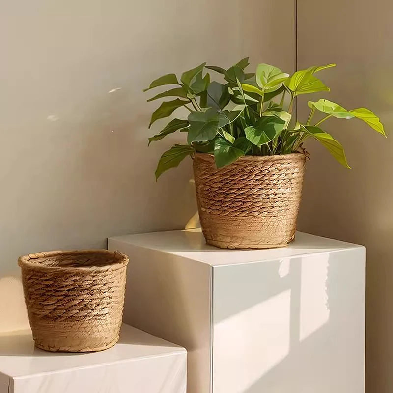 1PC Straw Weaving Flower Plant Pot Wicker Basket Rattan Flowerpot Storage Basket Garden Flowerpot Handmade Woven Planter Basket