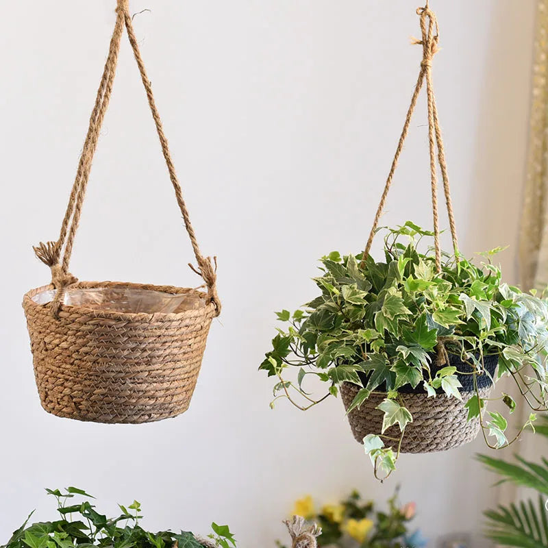 Rattan Woven Hanging Basket Flower Pot Handmade Straw Woven Plant Hangers Home Garden Decor Hanging Planter Flowerpot