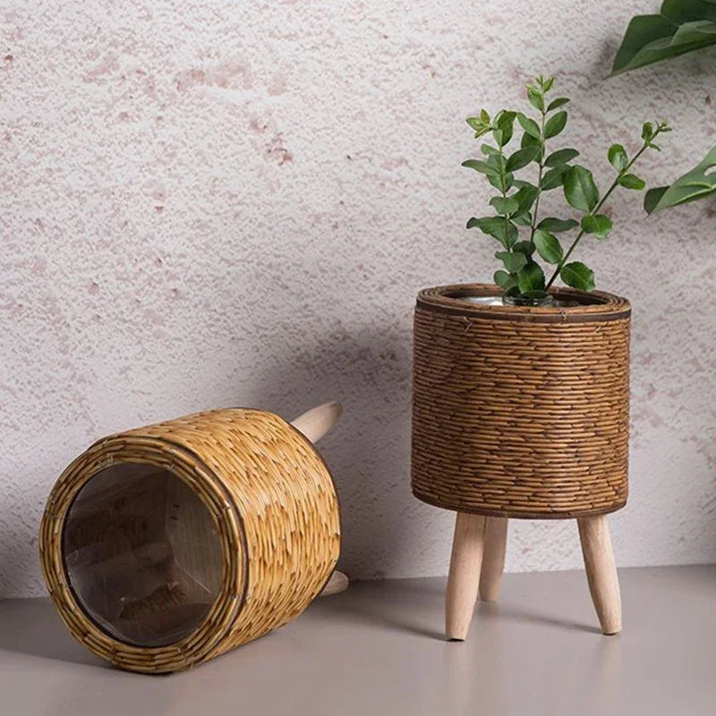 New Vintage Planters Imitation Rattan Flower Stand Woven Storage Basket with Wooden Legs Plant Pot Stand Holder Basket Organizer