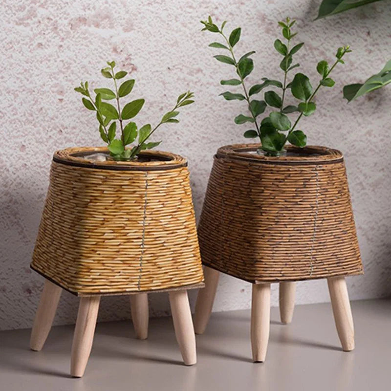 New Vintage Planters Imitation Rattan Flower Stand Woven Storage Basket with Wooden Legs Plant Pot Stand Holder Basket Organizer