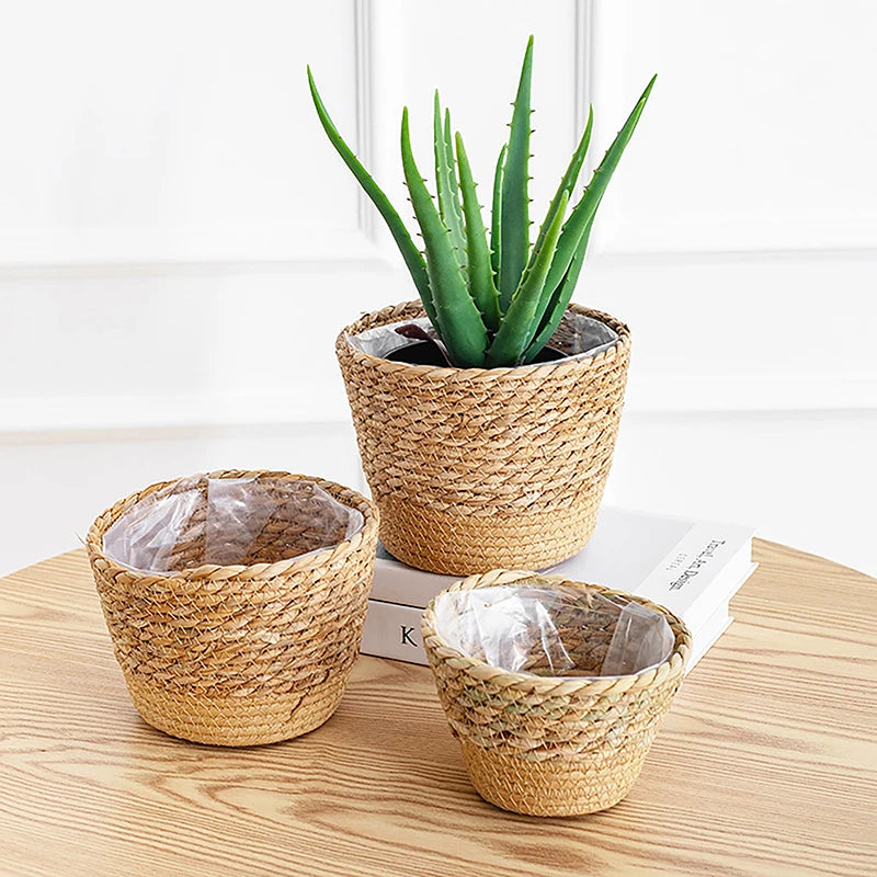 1PC Straw Weaving Flower Plant Pot Wicker Basket Rattan Flowerpot Storage Basket Garden Flowerpot Handmade Woven Planter Basket