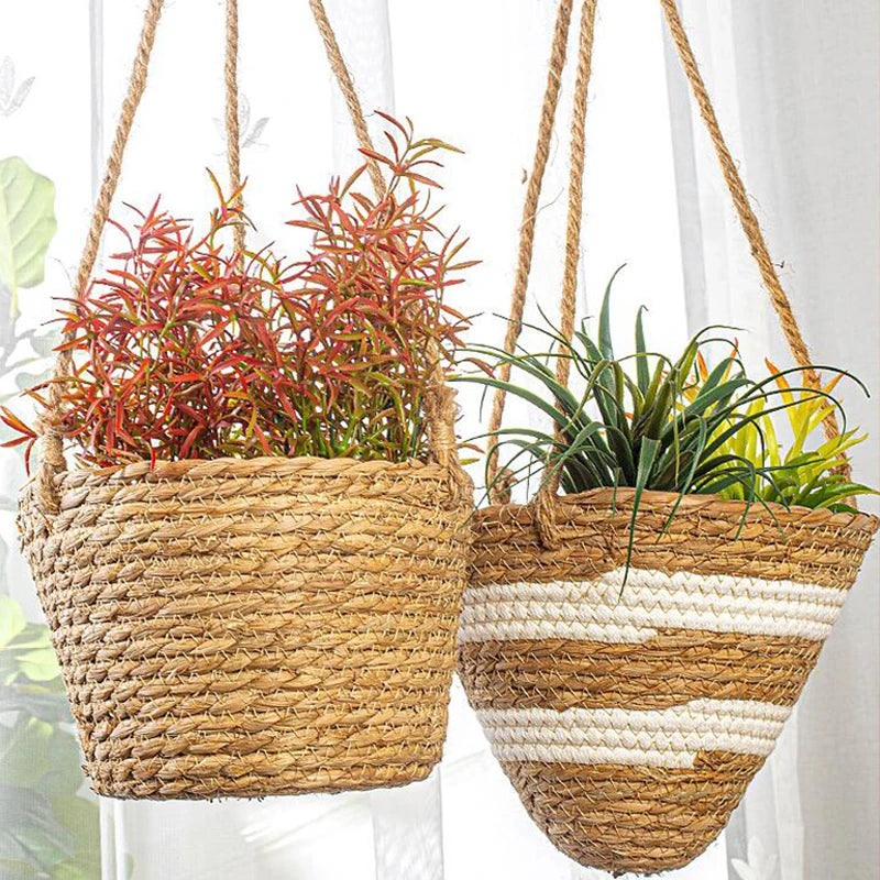 Rattan Woven Hanging Basket Flower Pot Handmade Straw Woven Plant Hangers Home Garden Decor Hanging Planter Flowerpot