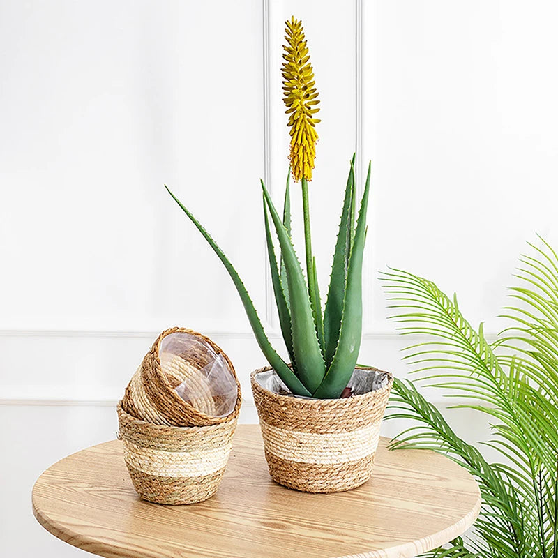 1PC Straw Weaving Flower Plant Pot Wicker Basket Rattan Flowerpot Storage Basket Garden Flowerpot Handmade Woven Planter Basket