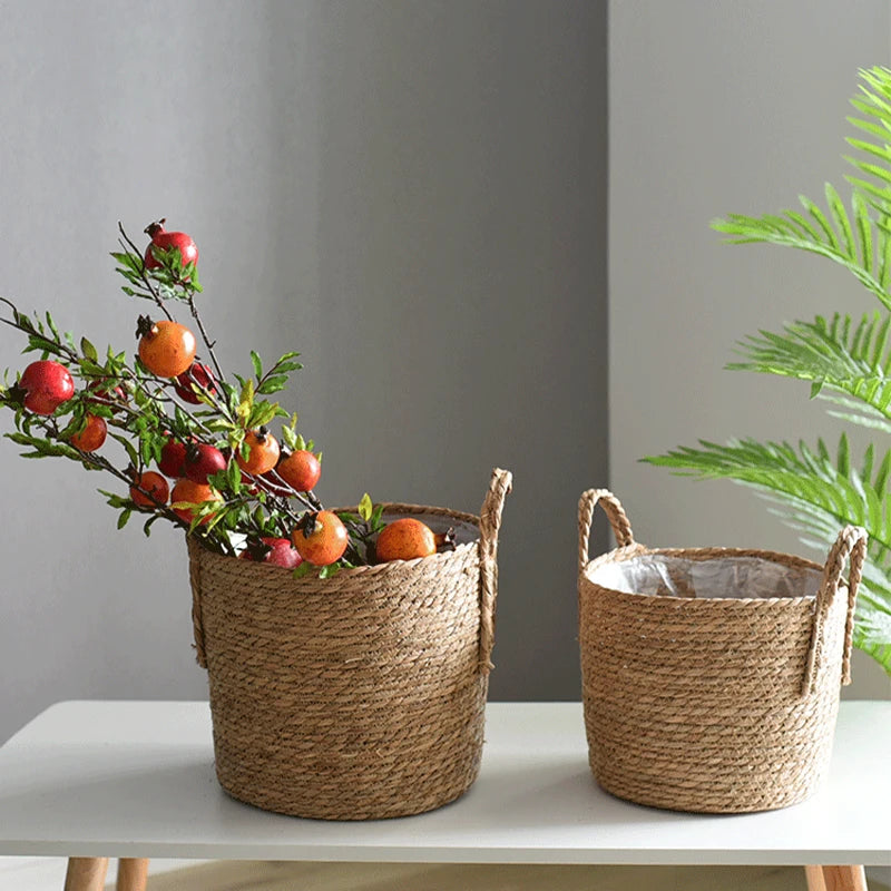 Woven Planter Basket Laundry Storage Decorative Basket Handmade Straw Rattan Plant Flower Pot Storage Basket Home Garden Decor