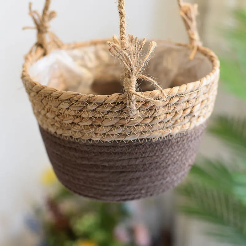 Rattan Woven Hanging Basket Flower Pot Handmade Straw Woven Plant Hangers Home Garden Decor Hanging Planter Flowerpot