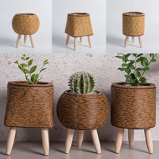 Boho Flower Shelf Basket with Removable Legs Imitation Rattan Flower Stand Succulent Plant Woven Planter Garden Flower Pot