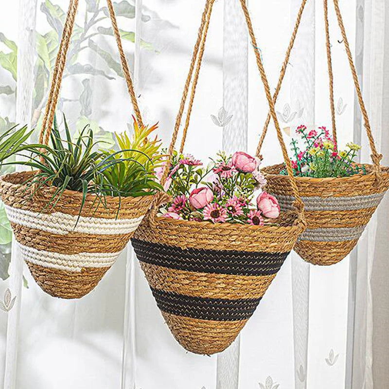 Rattan Woven Hanging Basket Flower Pot Handmade Straw Woven Plant Hangers Home Garden Decor Hanging Planter Flowerpot