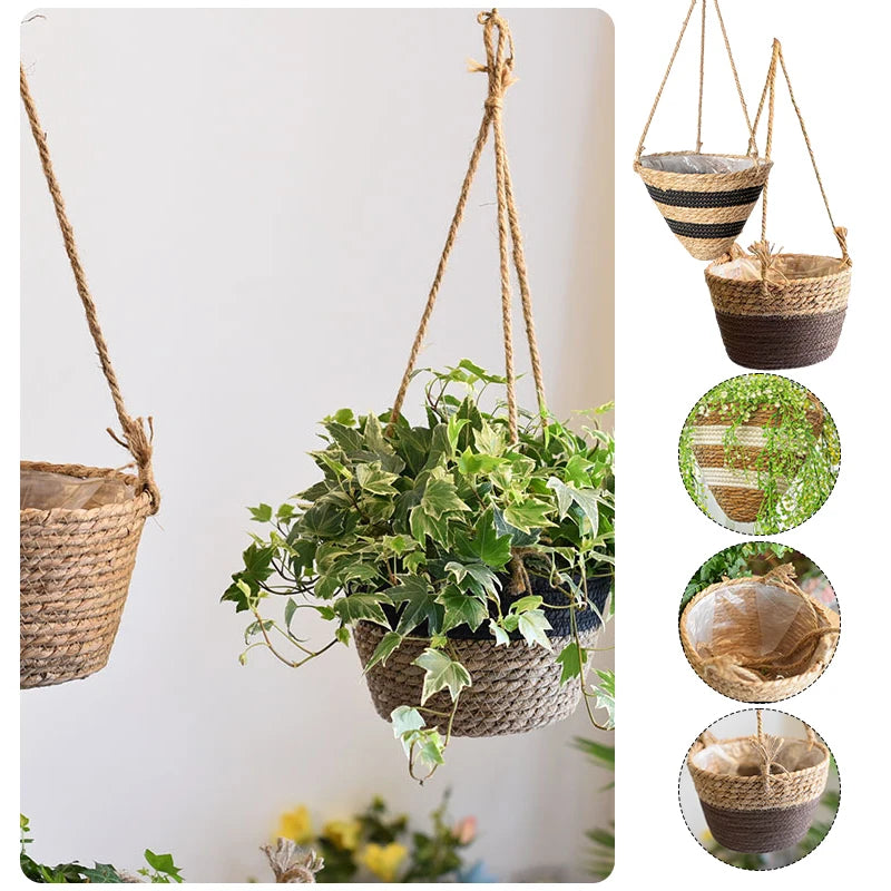 Rattan Woven Hanging Basket Flower Pot Handmade Straw Woven Plant Hangers Home Garden Decor Hanging Planter Flowerpot