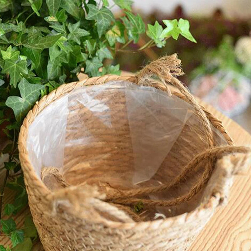 Rattan Woven Hanging Basket Flower Pot Handmade Straw Woven Plant Hangers Home Garden Decor Hanging Planter Flowerpot