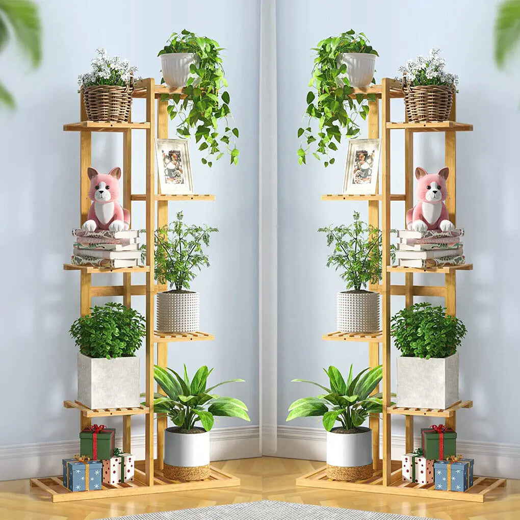 Bamboo Corner Tall Plant Stand Rack Multiple Flower Holder Shelf Indoor Outdoor