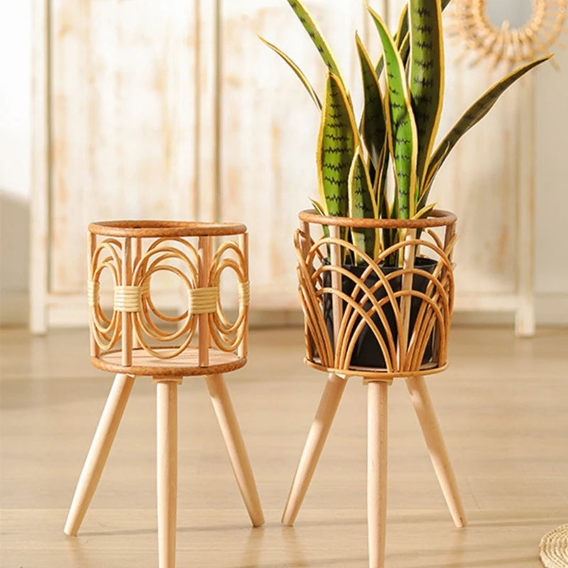 Woven Plant Pot Stand with Wooden Legs Indoor Rattan Basket Flower Pots Stand